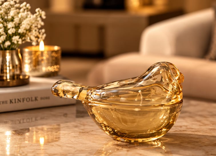 Golden sparrow glass candle